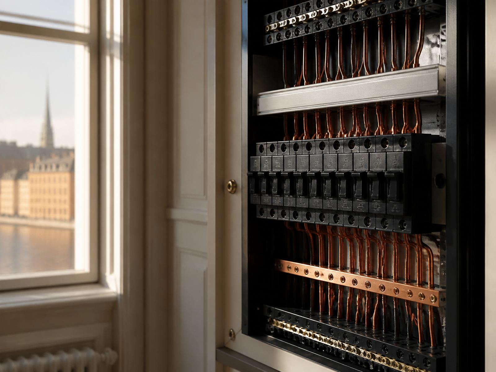 Nyinstallerad elcentral med automatsäkringar i en Stockholmslägenhet